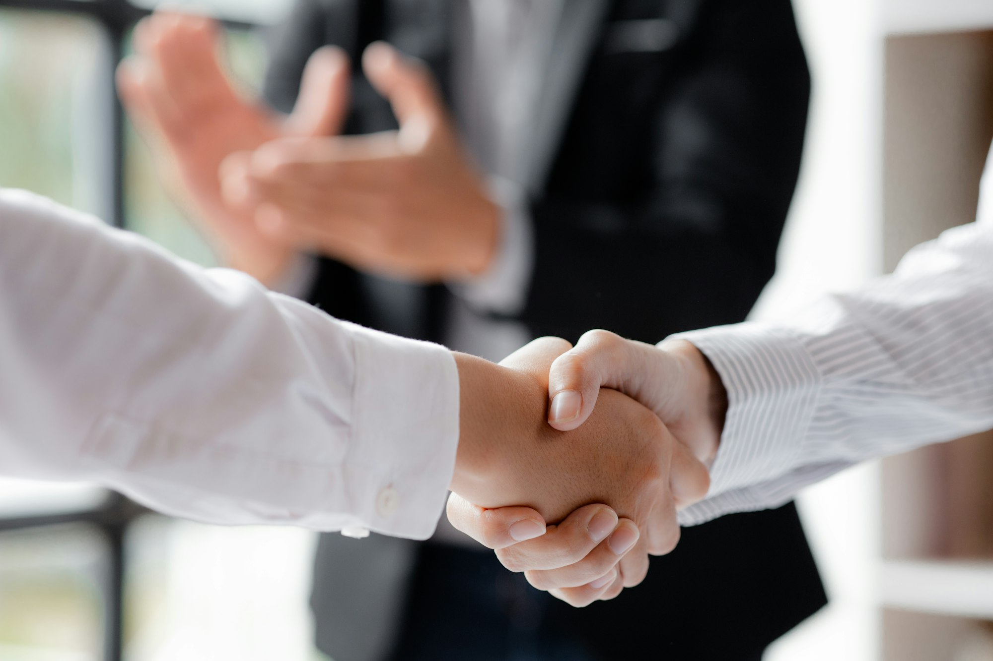 Business investor group holding hands.